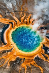 Wall Mural - Aerial view of a geothermal landscape, colorful hot springs, steaming geysers, and rugged rock formations