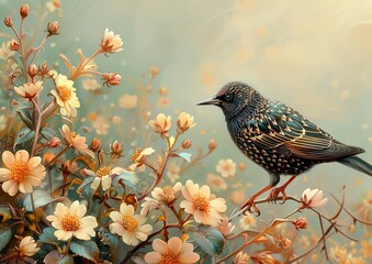 Wall Mural - Illustration of a starling in a meadow with ample copy space, vibrant colors, and professional design.