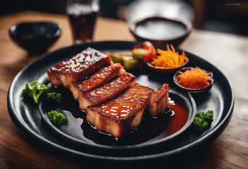 Wall Mural - Gochujang-marinated pork belly with ssamjang on a sleek black plate with a glass of soju in a high-end Korean barbecue restaurant
