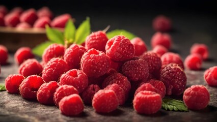 Poster - AI generated illustration of fresh raspberries on a wooden board