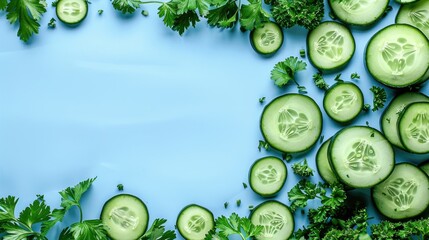 Wall Mural - Crisp cucumbers and fresh parsley on a blue backdrop