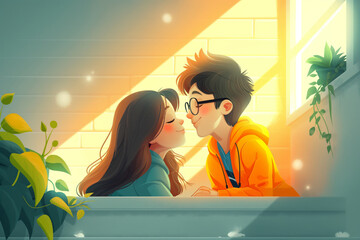 minimal illustration of young Asian couple kissing,  concept of love and romance