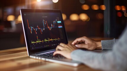 Leinwandbilder - A laptop screen showing a stock market graph with rising and falling trends, reflecting market volatility.
