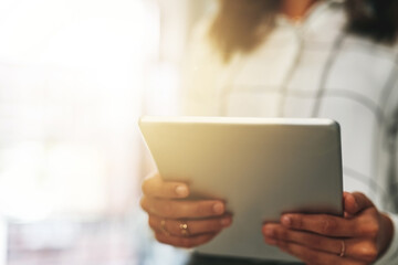 Canvas Print - Tablet, business and hands of woman in office for online report, agenda or website for email management. Scroll, networking and hr consultant on digital app for search, schedule or data connectivity