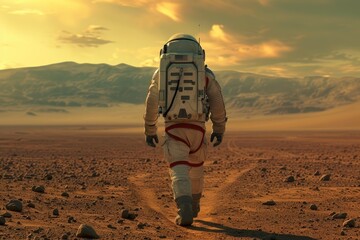 Wall Mural - Martian Expedition: Astronaut Journeying Across Barren Landscape