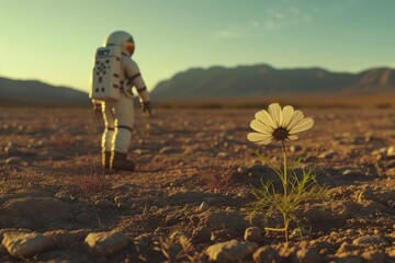 Wall Mural - Astronaut's Wonder: Flower Amidst Martian Barrenness