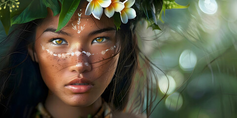 portrait of a Polynesian girl with flowers, ai generated.