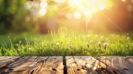 Wall Mural - Grass and empty wooden table in nature morning outside with bokeh and sunlight in spring.