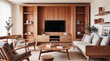 © Abi - Modern wooden living room with wall mounted television. The space features contemporary wood furnishings, a sleek coffee table, a comfortable sofa, and stylish shelving.