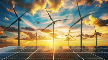 Wall Mural - At sunset, windmill wind turbine and solar panel on blue sky, renewable electricity.