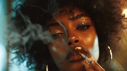 Canvas Print - Close up image of an attractive black woman smoking a cigarette