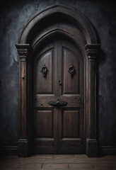 Wall Mural - A frontal view of a dark room with an old wooden door, dark and mysterious atmosphere, ancient gothic castle