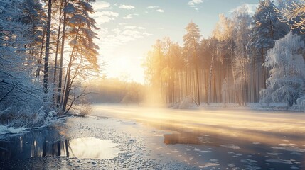 Wall Mural - Cold season outdoors landscape, a body of water surrounded by frost trees in a forest covered with ice and snow, under the morning sun - Winter seasonal background