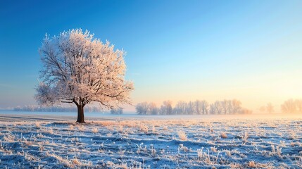 Poster - Cold season outdoors landscape, a frost tree in meadow, ground covered with ice and snow at sunrise - Winter seasonal background