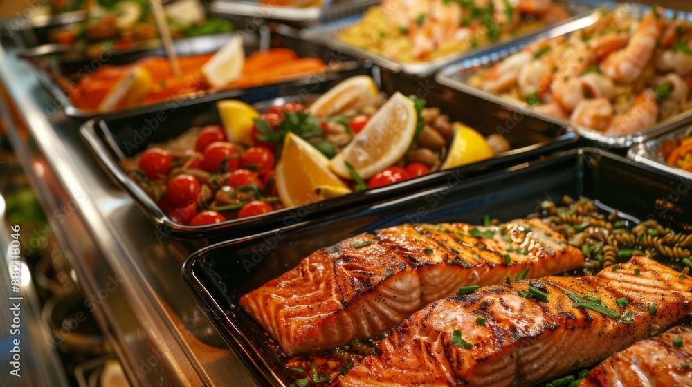 A seafood buffet display with trays of grilled salmon fillets and ...