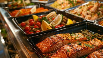 Wall Mural - A seafood buffet display with trays of grilled salmon fillets and seafood pasta dishes.