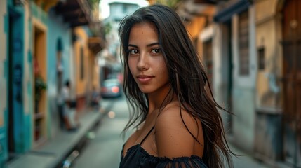 Wall Mural - Colombian woman posing in a typical colombian city street