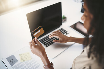 Office, black woman and laptop screen with credit card for banking, fintech payment and online shopping. Connection, business person and computer for typing, details and transaction on financial app