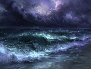 Dramatic Nighttime Seascape with Turbulent Waves and Ominous Clouds