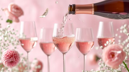 The elegant moment of pouring rose wine from a bottle into a coupe glass