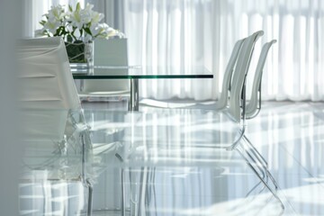 Wall Mural - A sleek glass-topped table is paired with designer chairs in a minimalist dining room, creating a sophisticated atmosphere. The room's simplicity allows the beautiful furniture to take center stage.