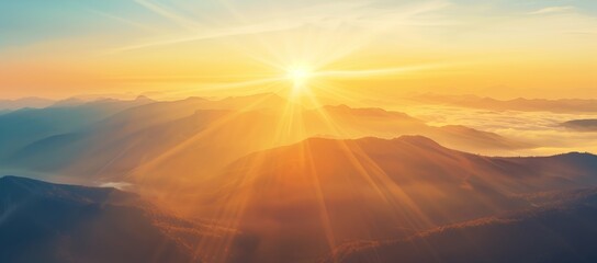 Wall Mural - Sunrise over mountains, blurred background, golden light, rays of sun in the sky, nature landscape