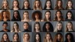 © Boraryn - composite portrait of mug shots of different serious young women headshots, including all ethnic, racial, and geographic types of women in the world on gray background