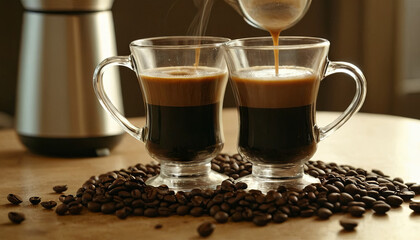 Two cups of coffee are being poured on a wooden table with coffee beans scattered around