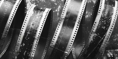 Poster - A close-up shot of a stack of film strips in various sizes, all in black and white