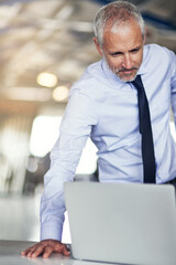 Poster - Man, laptop and leaning in office with check for credit report, corporate tax at law firm for legal aid. Male advocate, workplace or computer with web assessment for company loan or building mortgage