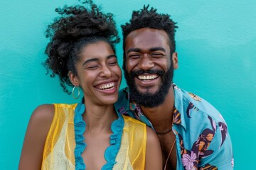 Wall Mural - Portrait of a joyful multicultural couple in their 30s dressed in a breathable mesh vest in pastel teal background