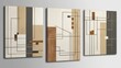 © arpln - A set of three Bauhaus-inspired wall art pieces in minimalist style, crafted in a delicate interplay of monochromatic hues, featuring a soft, creamy white (FFFFFF) as the primary backdrop,