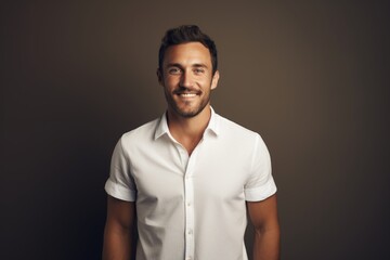 Canvas Print - Portrait of a joyful man in his 30s donning a classy polo shirt in light wood minimalistic setup