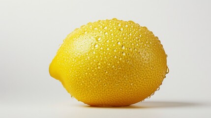 One ripe lemon with water drops on a clean white background