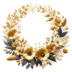 Golden flowers circle photo frame golden flower wreath golden flower wreath white background