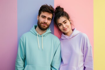 Wall Mural - Portrait of a content couple in their 30s sporting a comfortable hoodie on pastel multicolor background