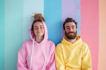 Wall Mural - Portrait of a content couple in their 30s sporting a comfortable hoodie in pastel multicolor background