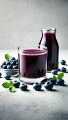 Wall Mural - AI-generated illustration of a glass and bottle of fresh blueberry juice with blueberries on a table