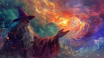 Poster - cool wizard, detailed, cartoon style, oil painting poster, creative and imaginative, abstract background