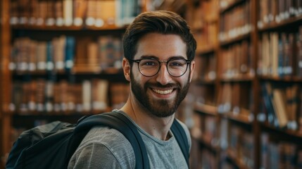 Wall Mural - Handsome Smile student man with backpack and books in library, education, university, cheerful, college, happy, standing, school, backpack, attractive, enjoyment, confidence