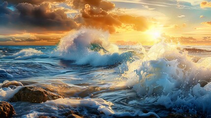 Wall Mural - Ocean Waves Crashing on the Shore at Sunset