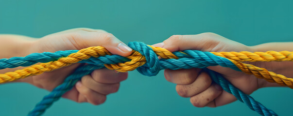 Close-up of hands pulling two colored ropes symbolizing conflict and decided knot in one color Conflict Resolution Concept