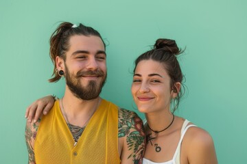 Wall Mural - Portrait of a satisfied caucasian couple in their 20s dressed in a breathable mesh vest on soft green background