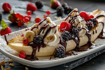 Canvas Print - A classic dessert, a banana split topped with whipped cream and berries