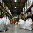 © Tino - a supermarket warehouse with white paper shopping bags on the floor, filled with groceries