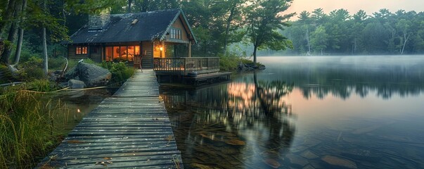 Wall Mural - Waterfront cottage with a dock stretching out into the lake.