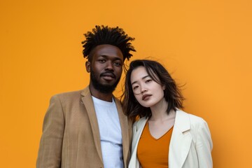 Wall Mural - Portrait of a satisfied multicultural couple in their 20s dressed in a stylish blazer in soft orange background