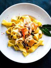 Wall Mural - Pasta with Shrimps Dinner Dish on a the table