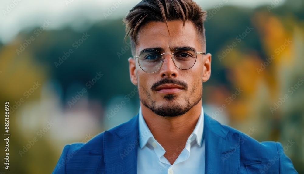 Handsome Man in Blue Suit with White Shirt and Glasses, Portrait of a ...