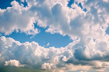 fluffy white cumulus clouds floating in a clear blue sky. nature and weather concept. aerial view.